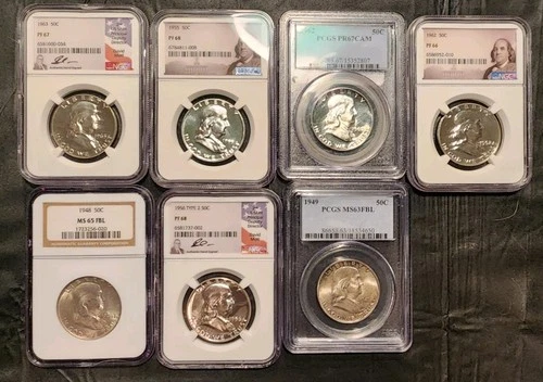 7 Graded Franklin Half Dollar Lot: 1955 NGC PF68 & 1948-D MS65 FBL