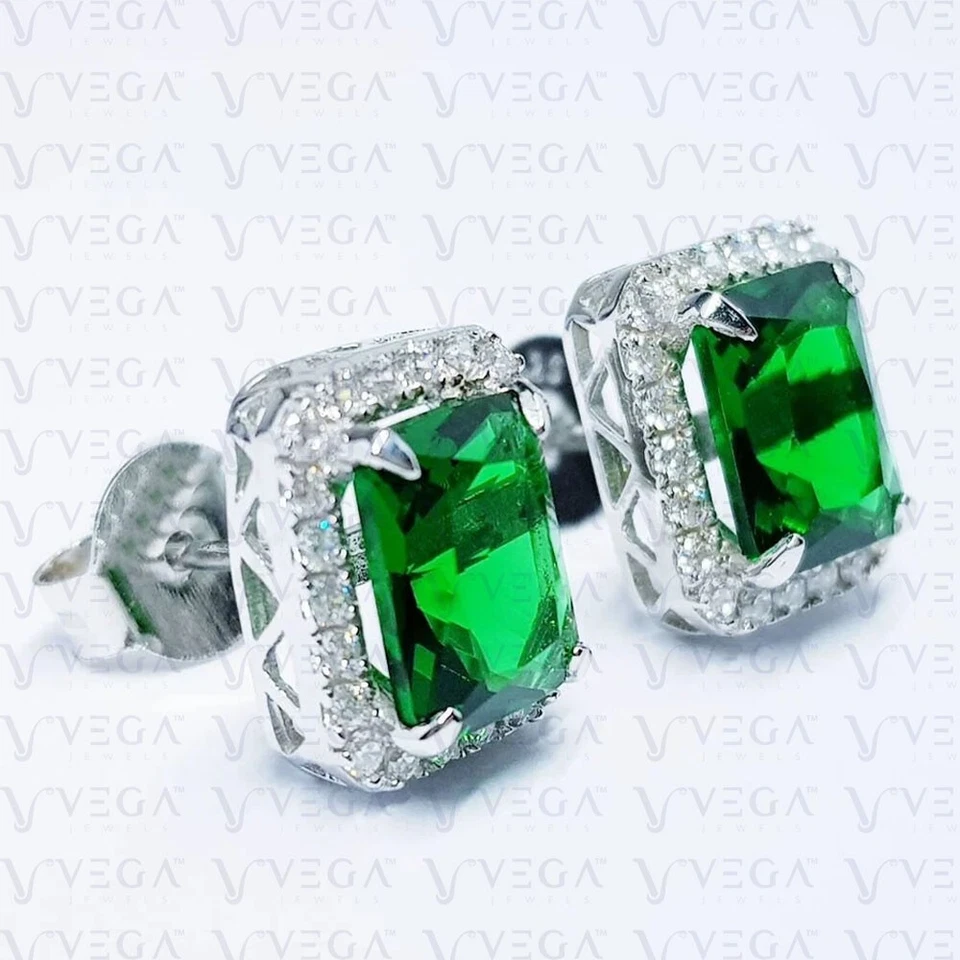 5.50 克拉辐射天然碧玺和钻石耳钉 18k 镀白金 — 第 3/4 张图片