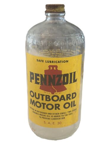 Vintage Original PENNZOIL OUTBOARD MOTOR OIL One Qt. Glass Bottle Empty - Picture 1 of 7
