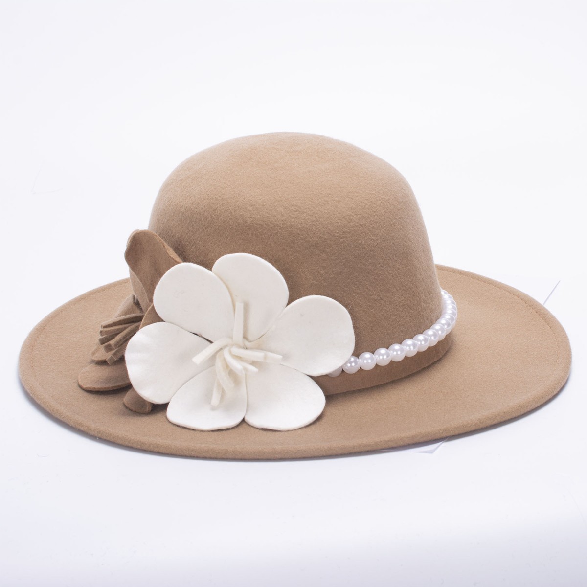 Women Wool Felt Flower Pearl Trimming Wide Brim Derby 