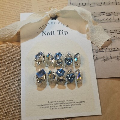 Oktake Handmade Reusable Luxurious Azure & FULL Crystal Press-On Nail