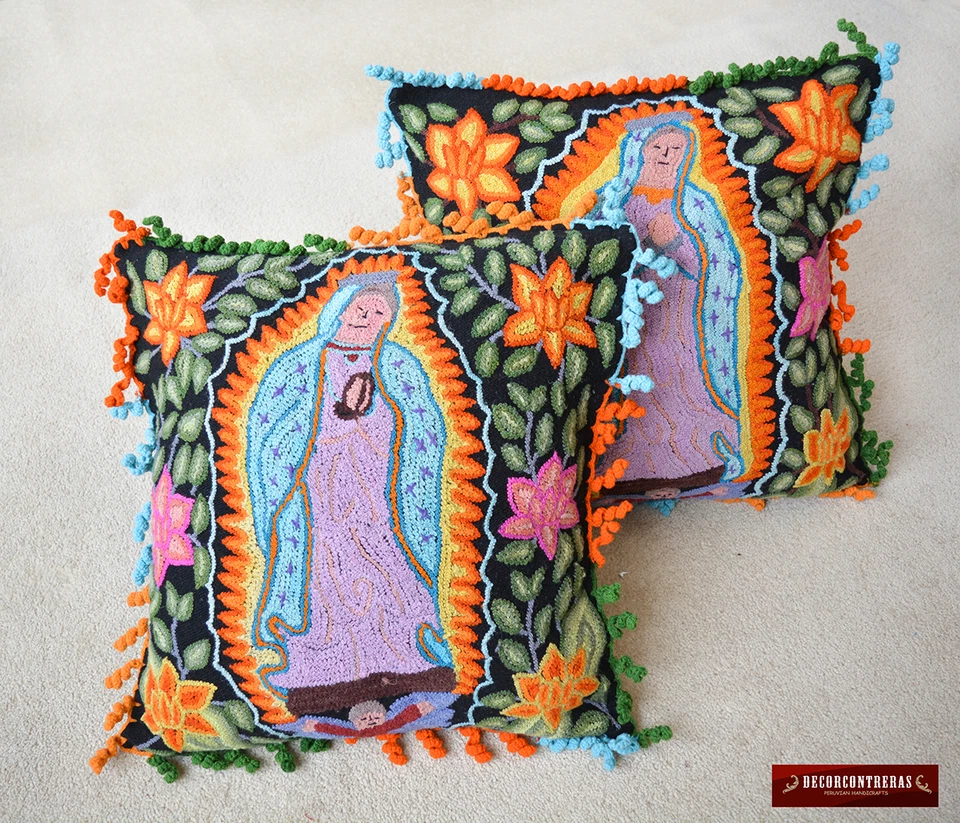 Peruvian Embroidered Pillow 100% Sheep Wool - Black Cushion cover 18" Home Decor - Image 2 of 4