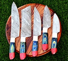 Custom Made Damascus Chef Set Kitchen Knives - Hand Forged Damascus Blade 1524