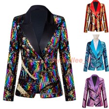 Women's Shiny Sequin Blazer Coat Double-breasted Lapel Suit Jacket Stage Costume