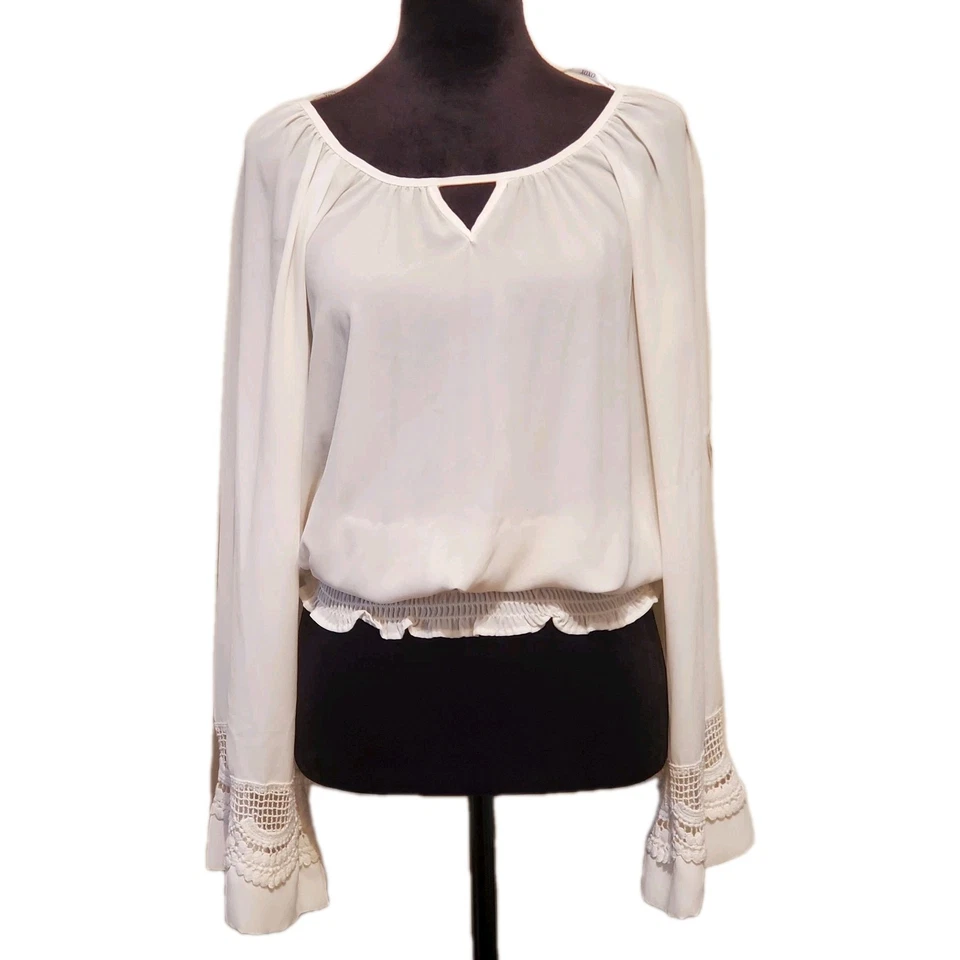 Y2K XOXO 雪纺上衣女式 M 白色蕾丝波西米亚仙女异想天开的婚礼衬衫 — 第 2/4 张图片