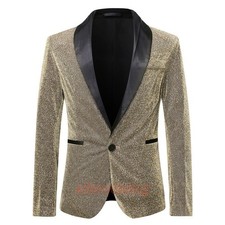 Mens Glitter Sequin Lapel Collar One Button Blazer Jacket Clubwear Singer Coat