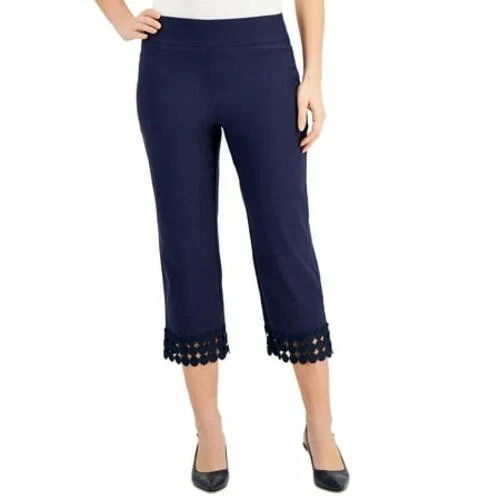 JM Collection Women's Blue Crochet Hem Capri Pants Intrepid L NWT
