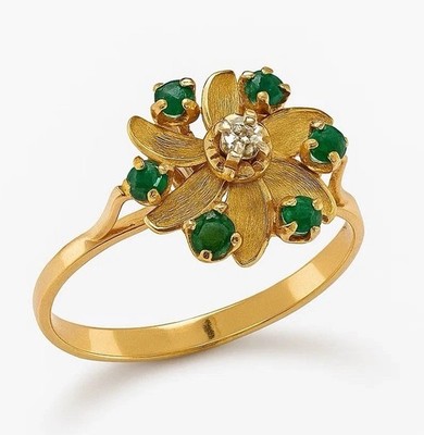 18K 750 Gold Floral Ring  RS 58 Blume Smaragd Diamant Emerald Brilliant Goldring