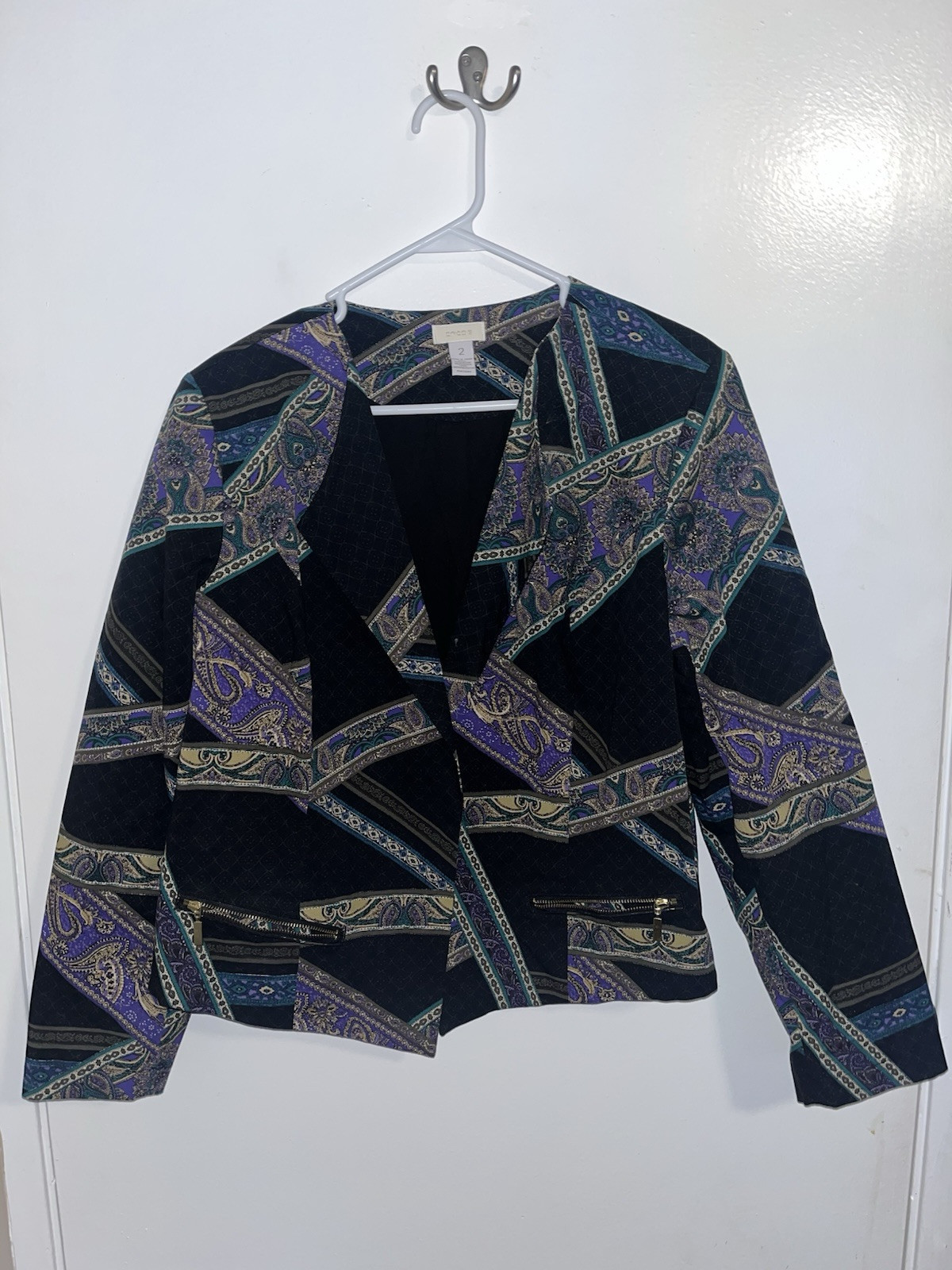 Chico's cropped jacket open front patchwork print… - image 1