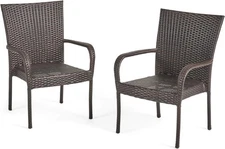 Brown PE Wicker Stacking Chairs, Set of 2, Transitional Style, Ready to Use