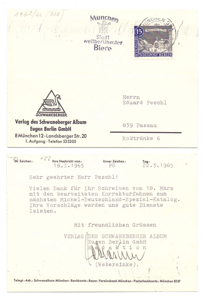 132277 - Postkarte Verlag des Schwaneberger Album an Eduard Peschl - 22.3.1965 - Bild 1 von 1
