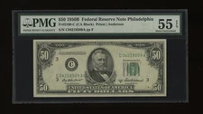 DBR 1950-B $50 FRN Philadelphia Fr. 2109-C PMG 55 EPQ Serial C04218509A