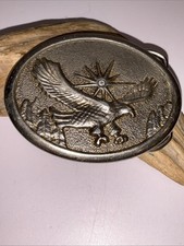 Vintage Oval Flying Eagle Metal Belt Buckle Mountains Sun Western 3.25" x 2.5"