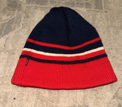 VTG Smiley Ski Hat Red Black Off-White Wool Knit Beanie Made in Sparks Nevada