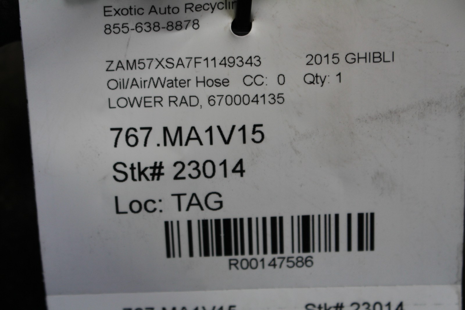 Maserati Ghibli, Quattroporte, Lower Radiator Hose, Used, P/N 670004135
