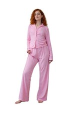 Women  s Pink Pajama Set Long Sleeve Button-Up Top  Wide Leg Pants Soft Lounge S