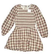 American Eagle Outfitters M Plaid Smocked Waist Mini Dress NWT Long Sleeve Scoop