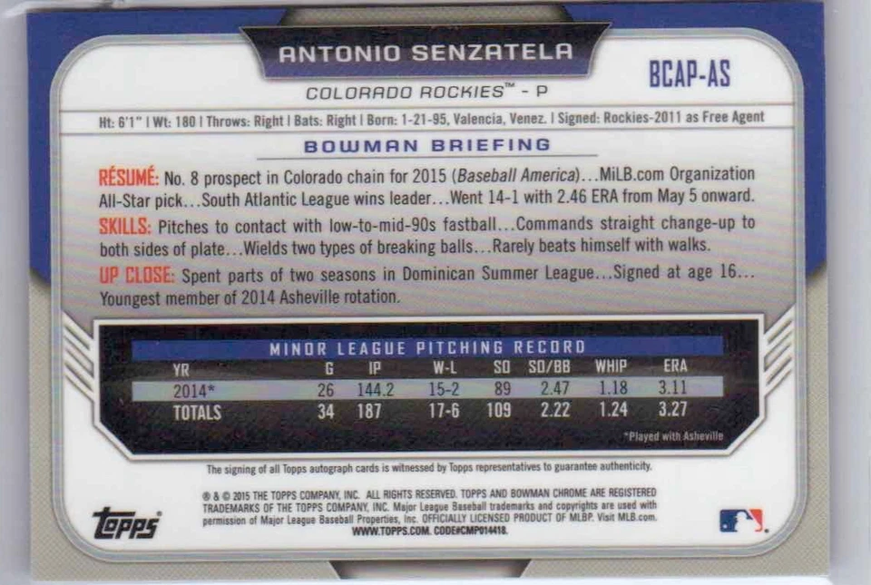 2015 Bowman Chrome Antonio Senzatela Prospect Auto #BCAP-AS Colorado Rockies RC - Image 2 of 2