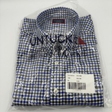 NEW UNTUCKit Men Medium Saladini Slim Fit Wrinkle Free Gingham Dress Shirt Blue