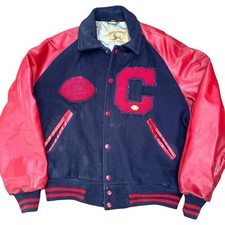 Vintage 1970s Deerfoot Wool Varsity Football Jacket Size 46 Navy Red Made In USA