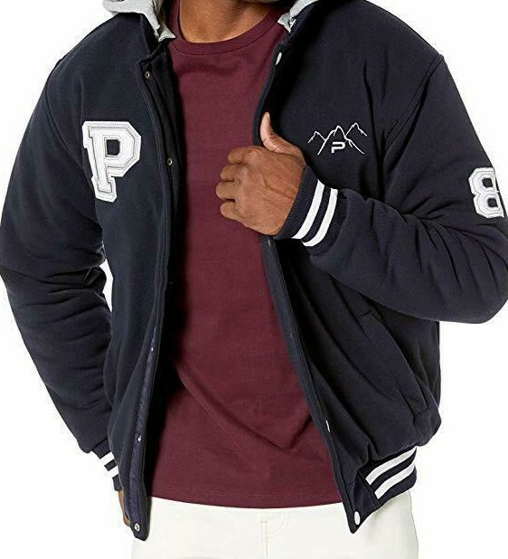 ★TRILLION★ Fleece 2 Pocket Work Varsity Zip-Up Jacket Blac Mens Casual Varsity Jackets Fall Spring Long Sleeve Button
