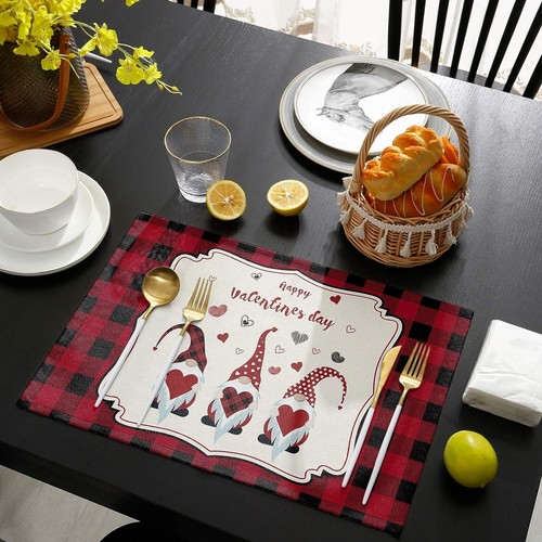 Set of 6 Dining Table Placemats Happy Valentine's Day Gnome Love Buffalo Plaid - Picture 2 of 3