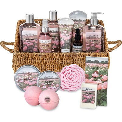Bath Spa Gift Set (Aqua Elegante) - Luxury Basket With Rose Oil & Peony