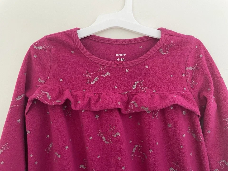 Carter's Kid Girl Silver Unicorn Ruffle Fleece Long Sleeve Nightgown Dark Pink 4 - Image 3 of 4