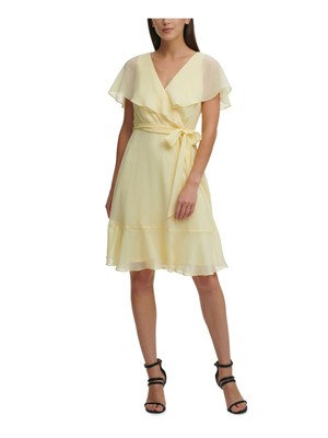 DKNY Womens Yellow Flutter Sleeve V Neck Party Fit + Flare Dress 8