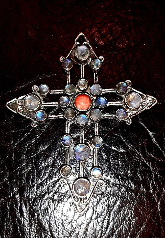 Antico-croce- Crocefisso- pettorale-argento Corallo E Pietra Di Luna - Immagine 2 di 4