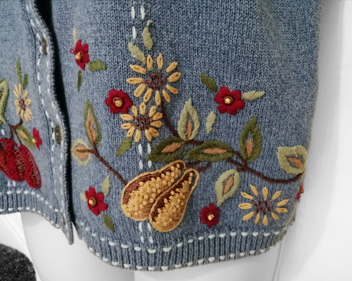 Alfred Dunner Collared Cardigan Floral Fruit Embroidered Blue Small Cotton Blend - Picture 4 of 8