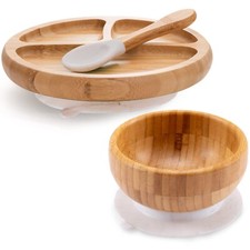 Baby Divided Bamboo Plates, Bowls with Suction and Matching Spoon S... Fast Ship