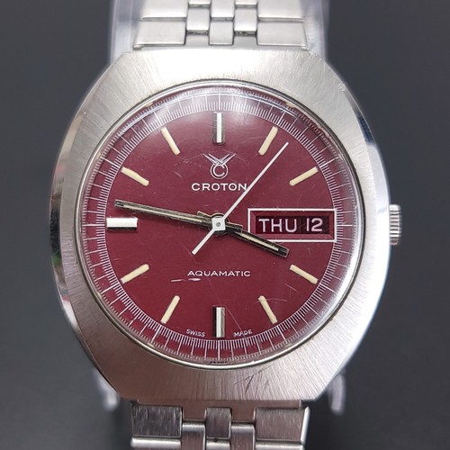 Vintage Croton Burgundy Aquamatic Date Day Stainless Steel Swiss Watch READ - Picture 2 of 13