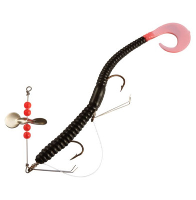 Creme Lure Pre-Rigged Prop Weedless Double Hook 6'' Black Fire U-Tail Wiggle Worm