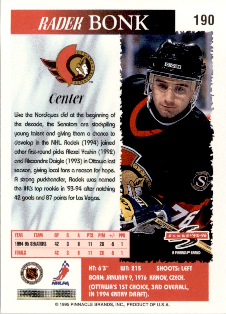1995-96 Score #190 Radek Bonk Ottawa Senators | eBay 1995-96 Score #190 Radek Bonk Ottawa Senators | eBay