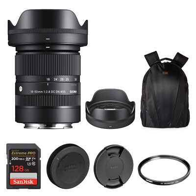 Sigma 18-50mm F2.8 DC DN Contemporary Lens for Sony E +Tiffen UV +128GB (Bundle)