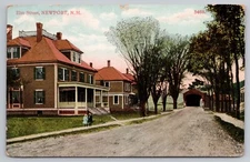1910s Newport NH Elm Street Covered Bridge Dirt Road Little Girls Homes Postcard