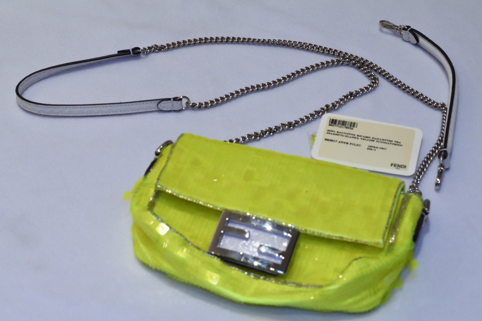 Fendi Mini Baguette Neon Yellow Sequin FF Chain Crossbody Shoulder Bag 11” Italy
