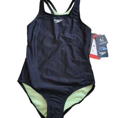 Speedo Girls Swimsuit One Piece Racerback Girls 8 NWT Black Chlorine Resistant