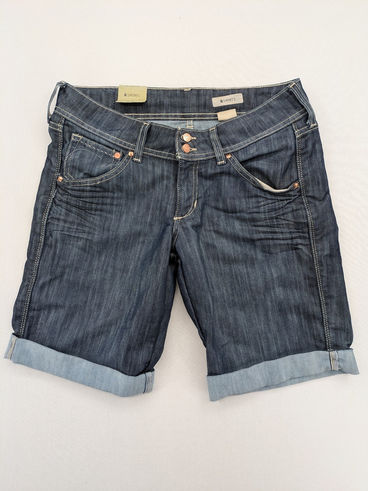 H&M Damen Denim Jeans Shorts 38 Dunkelblau Waschung Bündchen Bermuda Mid Rise