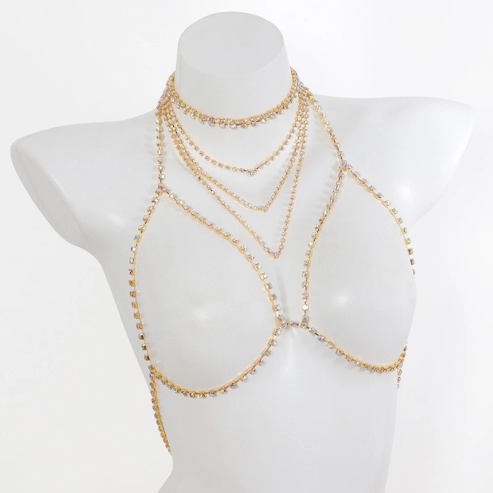 Mujer Brillante Sujetador Bralette Cintura Cadena Collar Cuerpo Joyería Pecho Arnés Dorado Foto 2 de 4