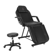 OPEN BOX-Black Massage Table 3-Section Facial Chair Tattoo Chair with Stool