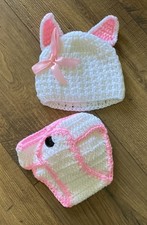 Easter Bunny - Handmade Crocheted Hat  Diaper Cover Set White/Pink  Newborn