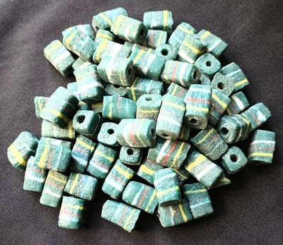 RARE Rectangular Lot of 75 African Sandcast Beads GREEN STRIPES Approx. 12 X 8mm