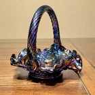 Basket, Amethyst Fenton Glass Iridescent Ribbon Candy, Vintage