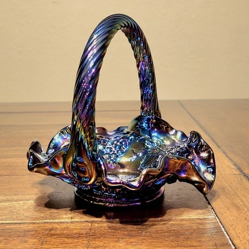 Basket, Amethyst Fenton Glass Iridescent Ribbon Candy, Vintage