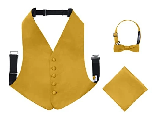  Boys 3 Piece Backless Formal Vest Set – Includes Vest, Bow Tie, Large Gold - Image 3 of 4