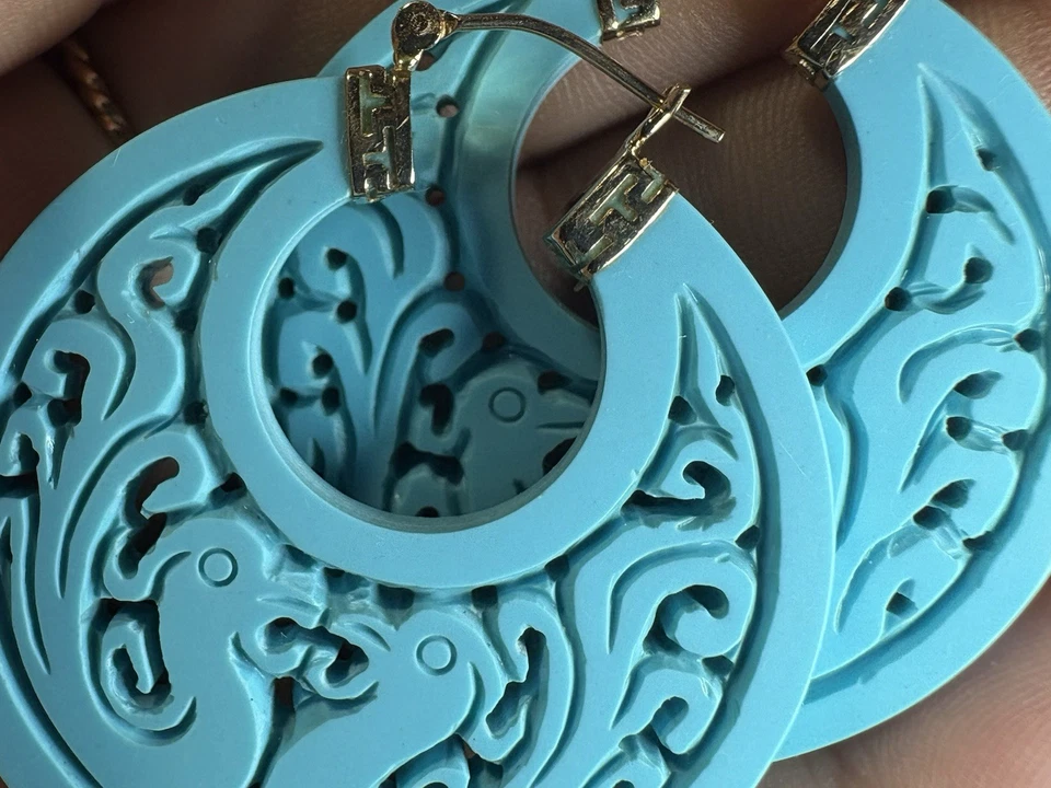 14k Yellow Gold Sleeping Beauty Turquoise Earrings Hoop Phoenix Bird 14G 43.7MM - Image 2 of 4