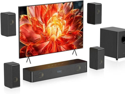 Wooden 5.1.2 Virtual Surround Sound System, 4 Surround Speakers Wired, 400W Peak