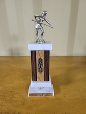 Vintage Woman s 80's Pool Playing Trophy Billiards Metal Figure 12.5"